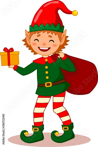 Little Christmas elf with gift present. Isolated.
