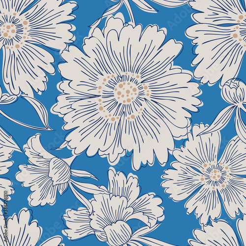 Hand drawn abstract garden flowers. Contour drawing. Large daisy heads in bloom. Summer floral seamless pattern. Line art flowers. Detailed outline sketch drawing. Good for dress, fabric and textile.
