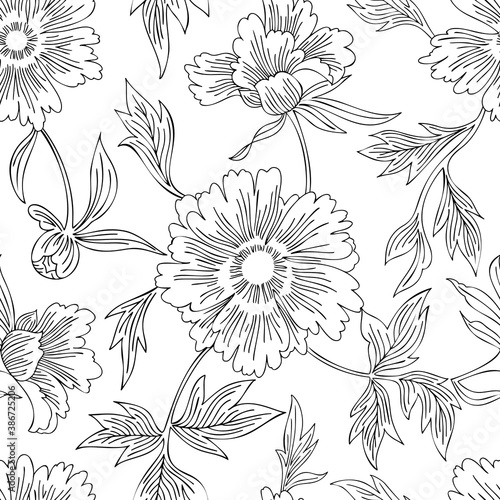 Hand drawn abstract garden flowers. Contour drawing. Large daisy heads in bloom. Summer floral seamless pattern. Line art flowers. Detailed outline sketch drawing. Fashion design, vintage style.