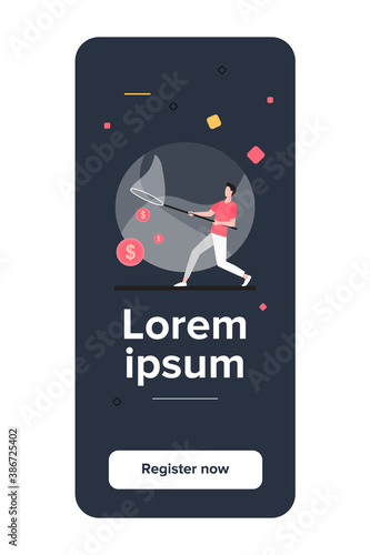 Man catching money with butterfly net. Cash, coins, dollar flat vector illustration. Finance, earning, income concept for banner, website design or landing web page