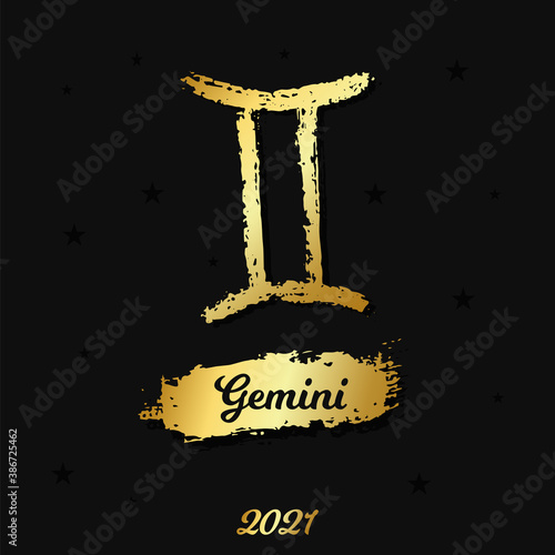 Vector gold zodiac sign. Gemini hand drawn