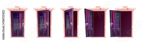 Cartoon door opening motion sequence animation. Close, slightly ajar and open wooden doorways with glass windows, curtain and darkness inside. Home facade, entrance. Vector illustration, icons set
