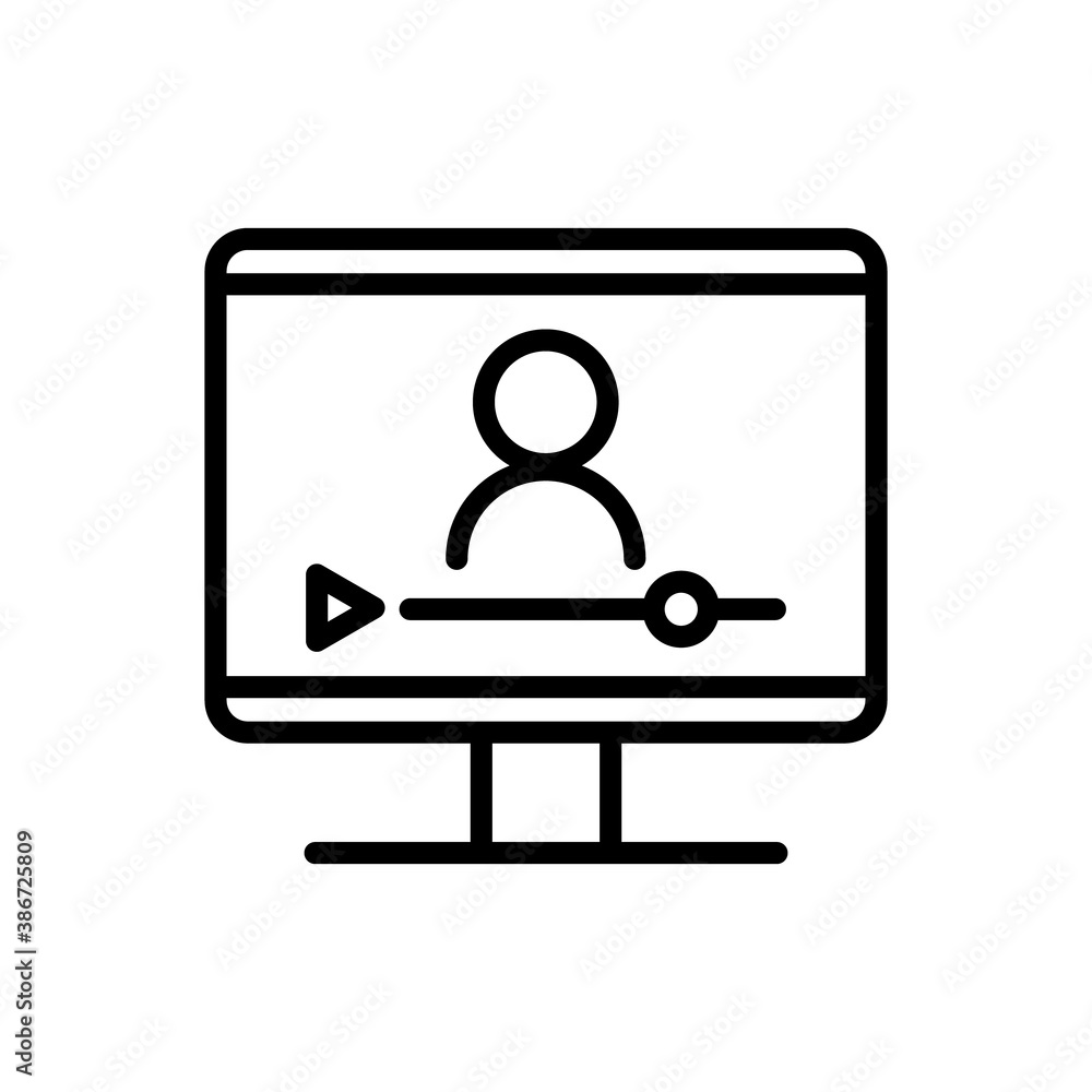 Online lesson icon. Video training symbol. Linear vector icon. Person talking in screen. Online lesson icon. Video training symbol. Linear vector icon. Person talking in screen.