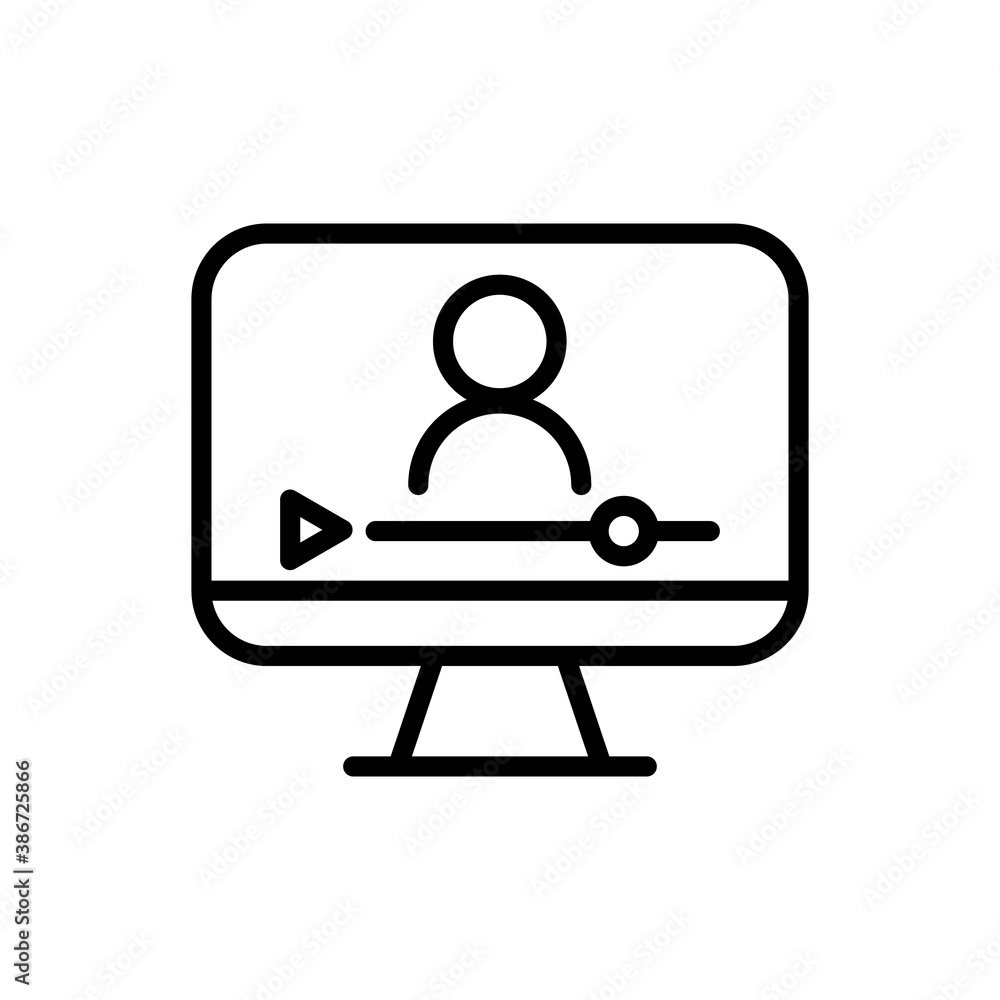 Online lesson icon. Video training symbol. Linear vector icon. Person talking in screen. Online lesson icon. Video training symbol. Linear vector icon. Person talking in screen.
