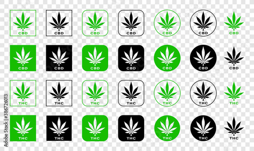 Cannabis leaf icon. Plant extract stamp for pharmaceutical and products. Information Label - extract CBD and extract THC. Vector illustration.