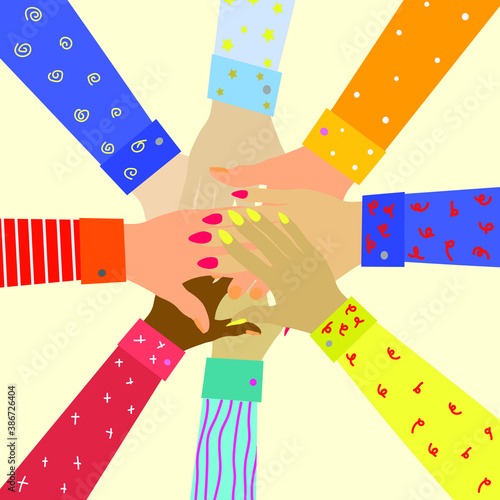 Hands of diverse group of people putting together. Concept of cooperation, unity, togetherness, partnership, agreement, teamwork, social community or movement. Flat cartoon vector illustration.