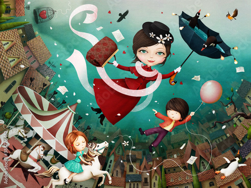 Fototapet Bright fairytale illustration based on  tale of  cheerful nanny Mary Poppins and her friends