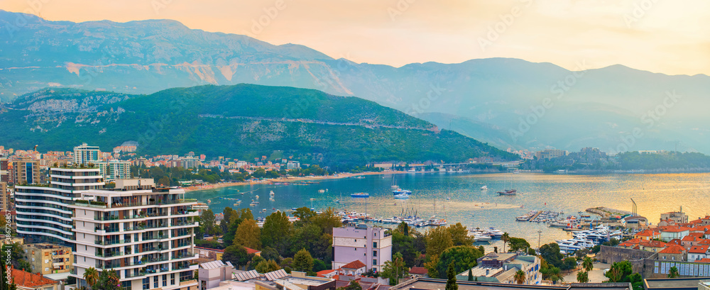Beautiful landscape sunrise in the resort town, Montenegro, Budva