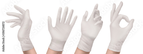 Nitrile gloves on hand front and side view. White rubber disposable latex personal protective equipment for health or laboratory workers, palm gesturing show ok, Realistic 3d vector illustration, set