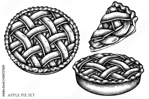Vector set of hand drawn black and white apple pie