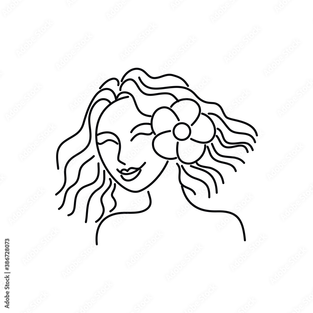 Fototapeta premium Portrait of a woman with a flower in her hair. Vector illustration, line art, abstraction, poster, postcard, logo