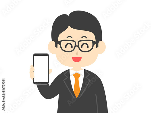 スマートフォンの画面を見せる男性のイラスト
