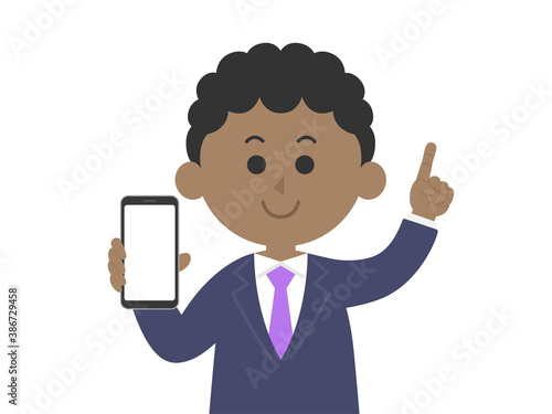 スマートフォンの画面を見せる黒人男性のイラスト
