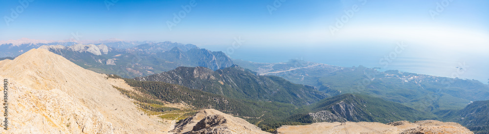 The panoramic view from Olympos Mountain or Tahtali near Kemer, Antalya Province in Turkey