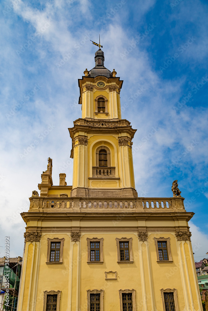 Fototapeta premium Buchach townhall in old town of Buchach city. Ukraine