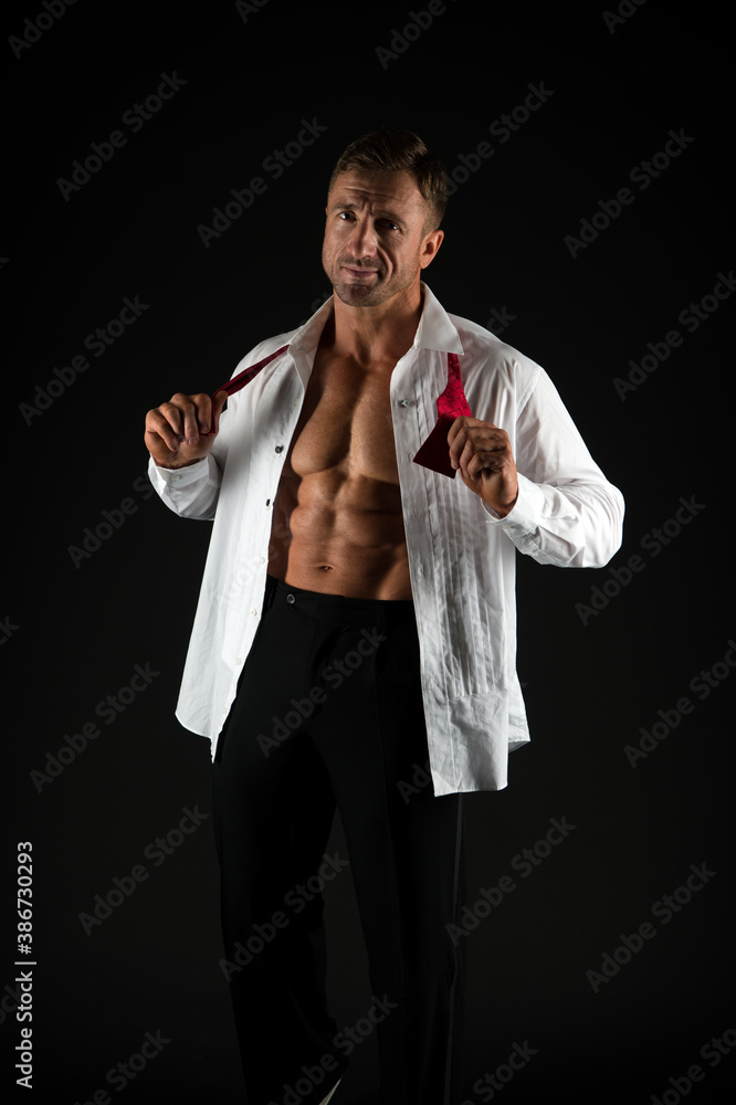 Elegant man show fit torso with six pack abs in open shirt groom style ...