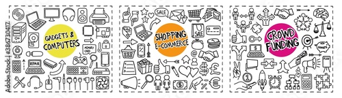 Gadgets and Computers, Shopping and Crowd Funding doodle icons set