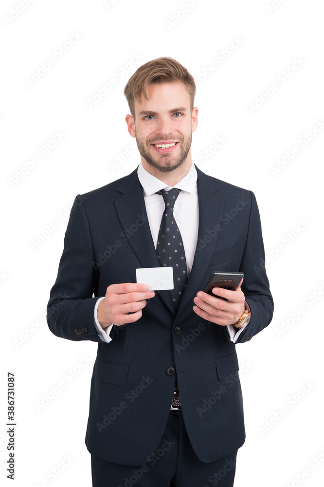 Happy manager in formal style suit hold mobile phone and contact card for copy space, information Happy manager in formal style suit hold mobile phone and contact card for copy space, information