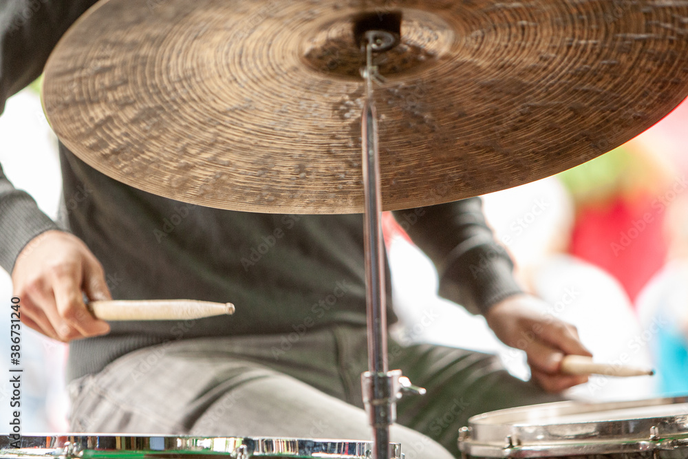 Obraz premium Professional drum set closeup. Drummer with drums, live music concert