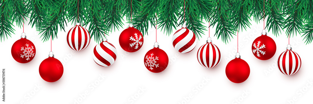 Festive Christmas or New Year Background. Christmas Tree Branches and xmas red ball. Vector illustration Festive Christmas or New Year Background. Christmas Tree Branches and xmas red ball. Vector illustration