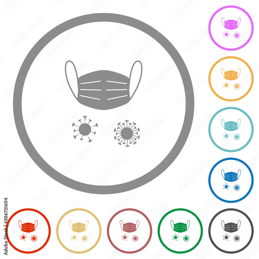Medical mask and corona viruses flat icons with outlines