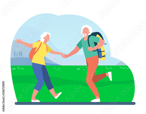 Aged people with bagpacks dancing together in meadow. Nature, trip. Flat vector illustration. Traveling concept can be used for presentations, banner, website design, landing web page