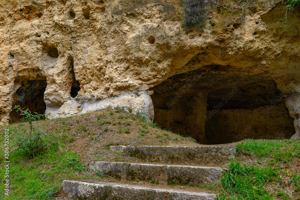 photos of the Portuguese caves, Burgos, Spain, Ancient houses dug into the rock of the mountain where in the Middle Ages the hermits lived praying retired from the world. September 2020