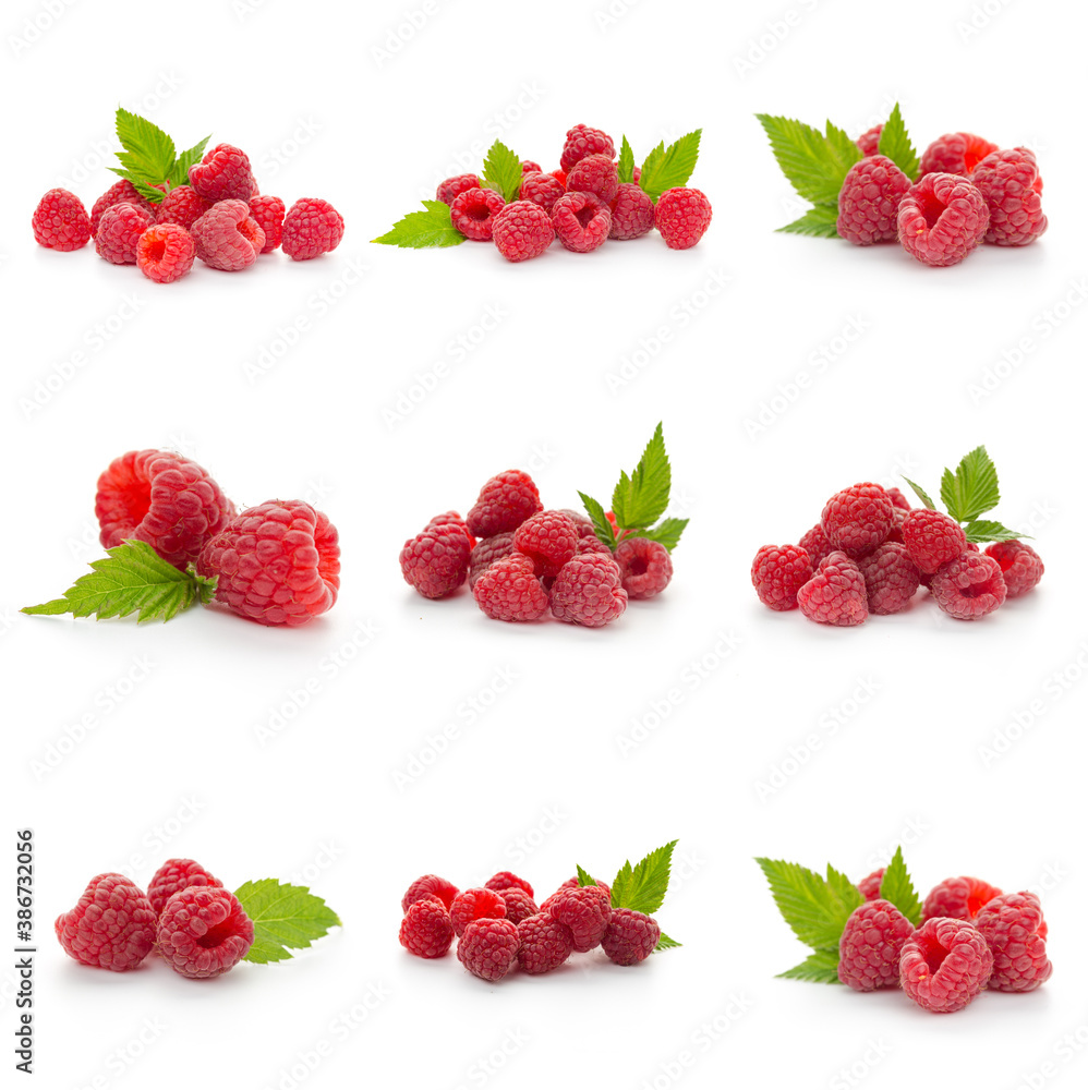 Raspberries collection with leaf isolated on white background Raspberries collection with leaf isolated on white background