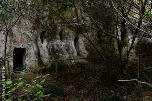 photos of the Portuguese caves, Burgos, Spain, Ancient houses dug into the rock of the mountain where in the Middle Ages the hermits lived praying retired from the world. September 2020 © Javier Peribáñez