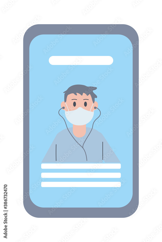young man wearing face mask listen music in smartphone