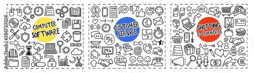 Computer Software, Customer Service and Shopping doodle icons set