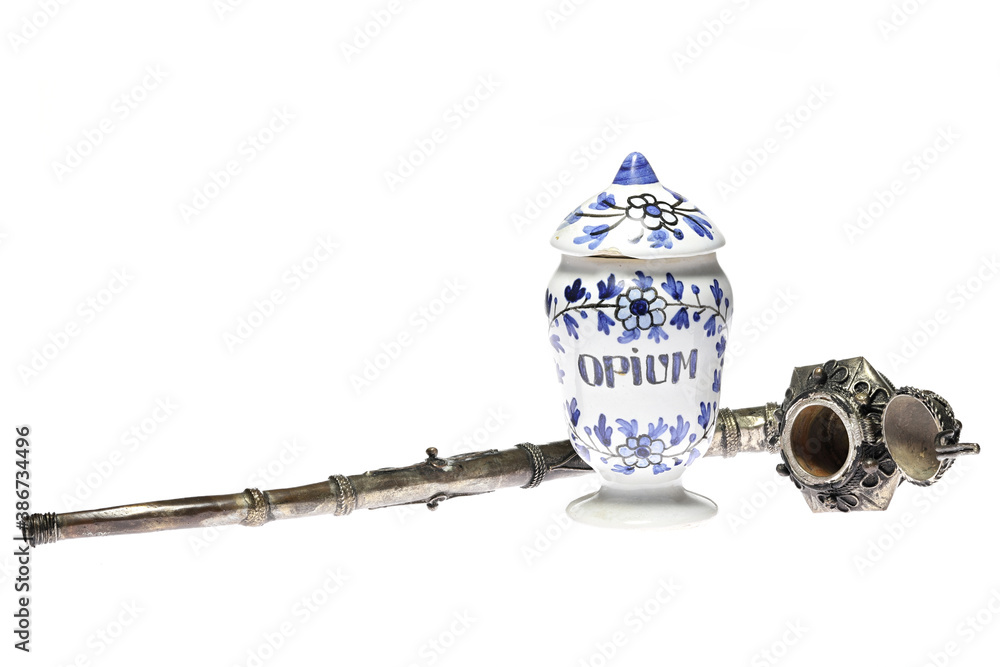 vintage apothecary jar and opium pipe isolated on white background - obrazy, fototapety, plakaty 
