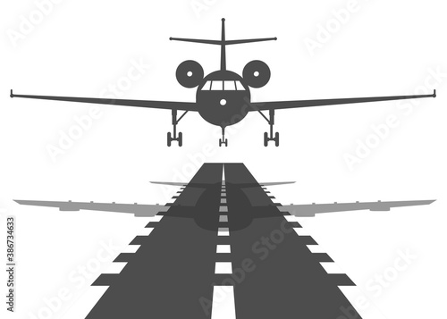 Passenger plane fly up over take-off runway from airport. Vector flat design illustration.