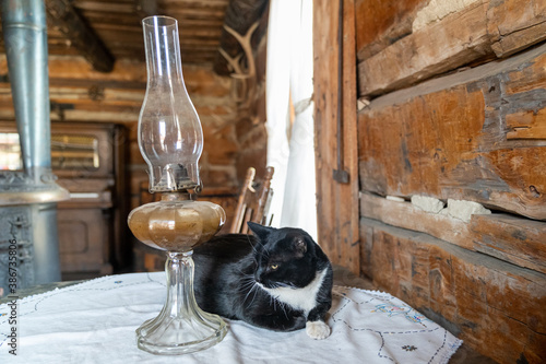 Spooky black cat sitting by a hurricane lamp on a table in an old log cabin. Taken in Fairplay, Colorado photo