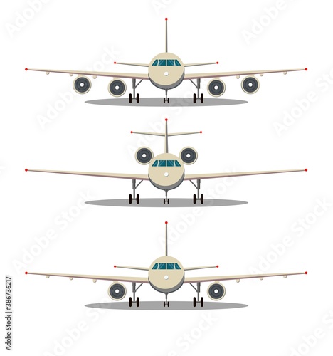 Airplane front view. Passenger or commercial jet isolated on background. Aircrfat in flat style. Set. Vector illustration