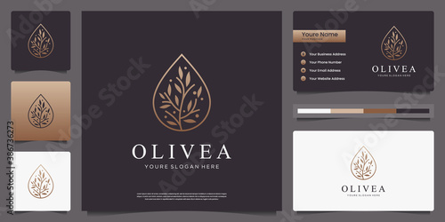 Golden olive tree and water drop luxury logo design and business cards