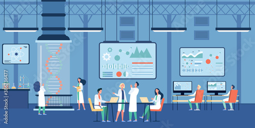Medical scientist working in science researching lab flat vector illustration. Cartoon chemists studying DNA gene for medicine. Pharmaceutical industry and education concept