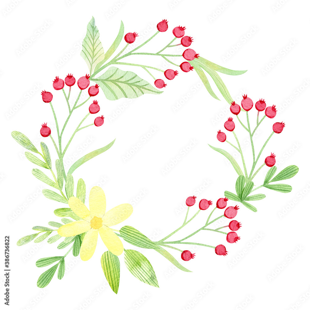 Watercolor wreath with red & yellow flowers
