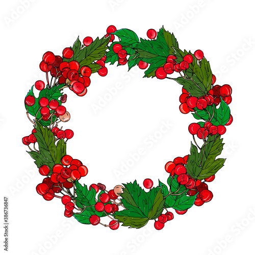 autumn wreath, round frame with red viburnum berries and leaves. Forest border, hand drawing.Template for invitations, packaging, greeting cards.
