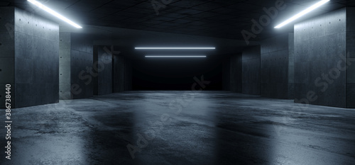 Fototapeta Naklejka Na Ścianę i Meble -  Underground Sci Fi Concrete Cement Background Dark Reflective Showroom Parking White Lights Modern Elegant 3D Rendering