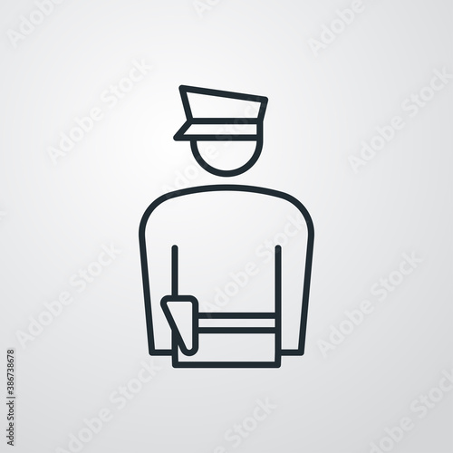 Concepto seguridad. Icono plano lineal agente de policía en fondo gris