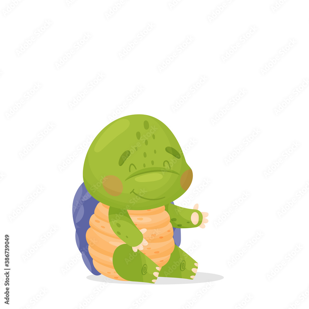 Fototapeta premium Cute cartoon character. A green turtle with a purple shell and a yellow belly, sits on the floor and smiles. Isolated vector illustrations on white background.