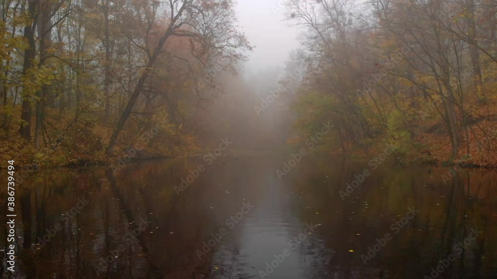 Aerial drone shot of colourful trees over small lake in fog in autumn park Aerial drone shot of colourful trees over small lake in fog in autumn park