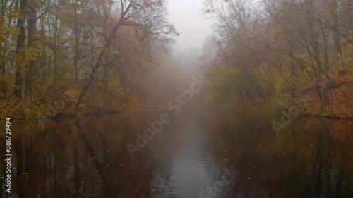Wallpaper Mural Aerial drone shot of colourful trees over small lake in fog in autumn park Torontodigital.ca