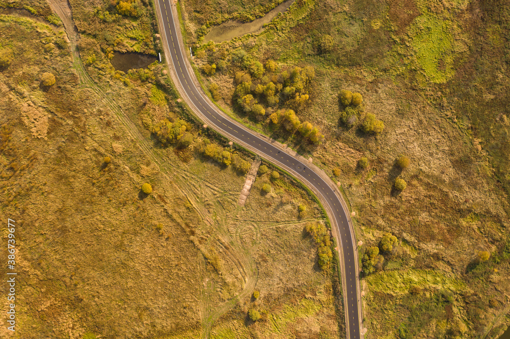S-curved road goes through the flat ground with meadows, bushes and trees in autumn colours. Top-down view. No cars, no people.