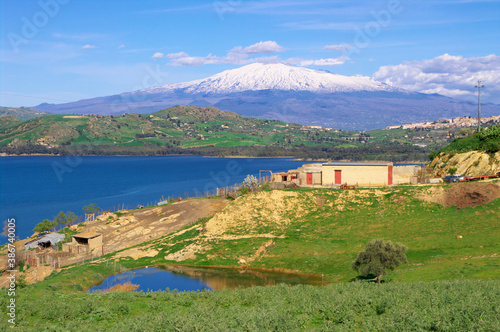 Farm Landscape Of Sicily Countryside Around Etna Volcano Snow Covered With Lake And Pond photo