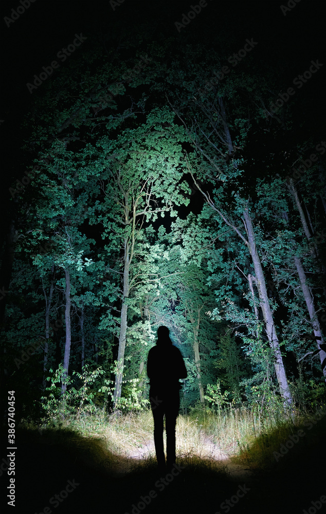 Man with a lantern on the background of the night forest Man with a lantern on the background of the night forest