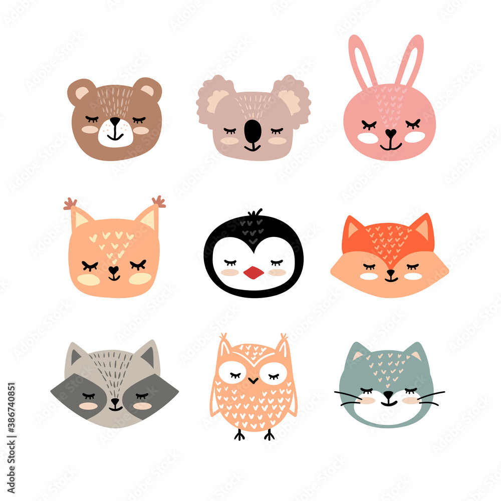 Vector hand drawn set of animal faces. Funny fairy tale, forest animal faces. Sticker, print for cards, posters t-shirts other clothes and more.