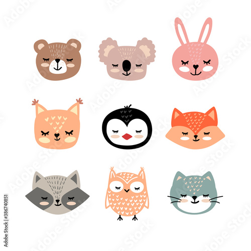 Vector hand drawn set of animal faces. Funny fairy tale, forest animal faces. Sticker, print for cards, posters t-shirts other clothes and more.