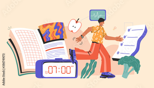 Concept of healthy lifestyle habits, running man with symbol of everyday routine, fresh broccoli and apple food, dieting, fitness, reading book, vector illustration